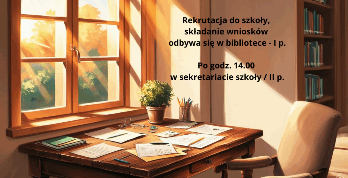 Punkt rekrutacyjny do szkoły w bibliotece w godz. 8.00 -14.00 Po godz. 14.00 w sekretariacie szkoły II p. Rekrutacja do szkoły, składanie wniosków w bibliotece - I p.