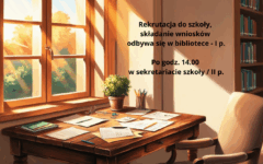 Punkt rekrutacyjny do szkoły w bibliotece w godz. 8.00 -14.00 Po godz. 14.00 w sekretariacie szkoły II p. Rekrutacja do szkoły, składanie wniosków w bibliotece - I p.